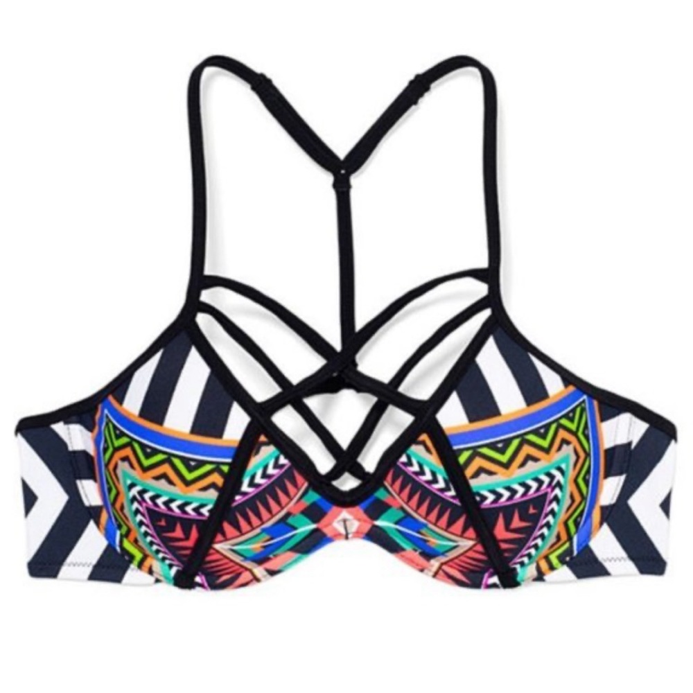 Rare Victoria’s Secret Pink Strappy Swimsuit Bikini Set Geometric Stripe Aztec L - Picture 3 of 10